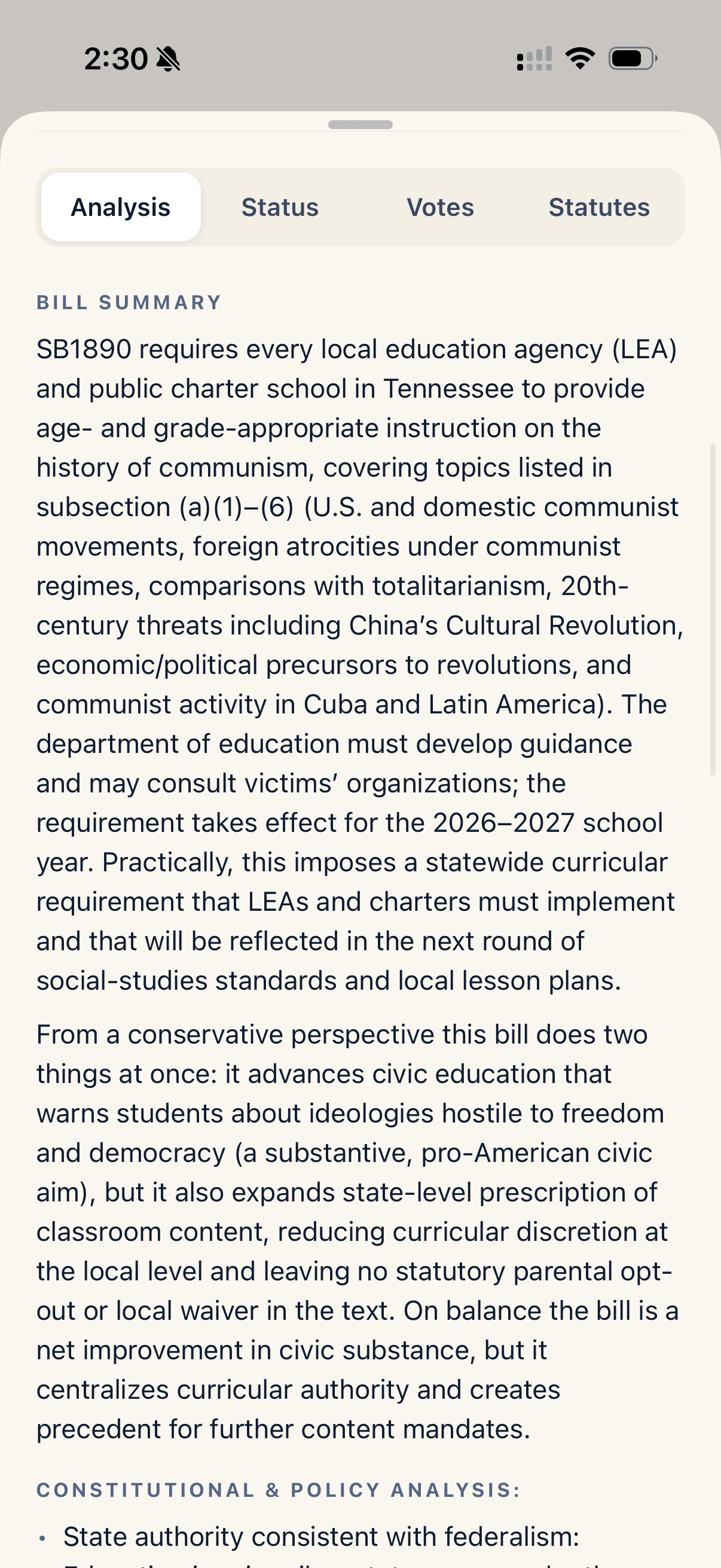 A bill analysis in the app: summary, constitutional and policy analysis
