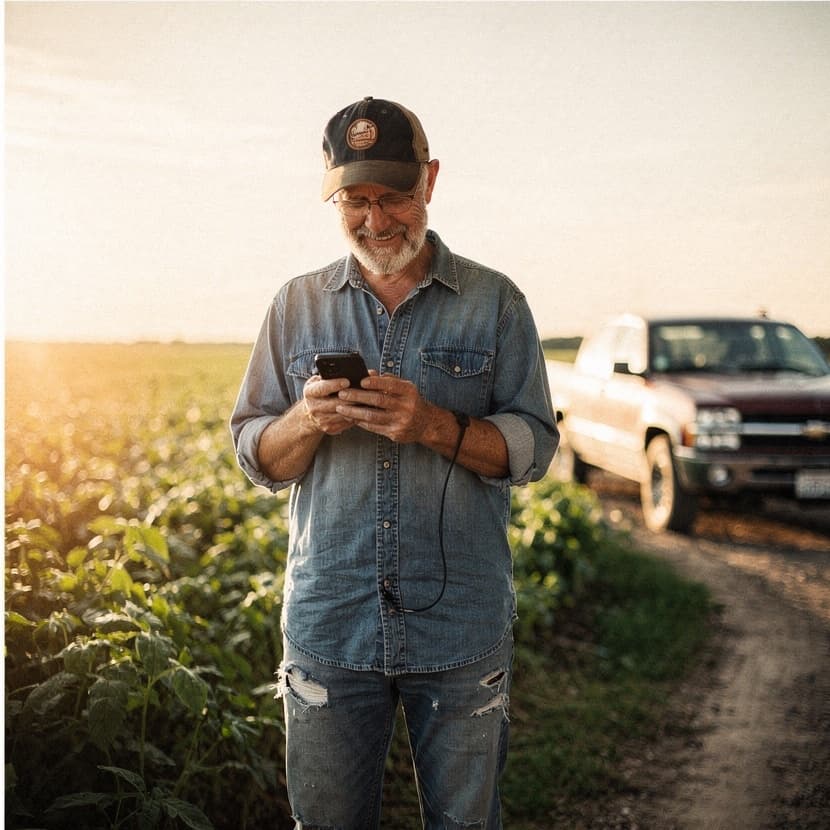 A farmer checking his phone at the edge of a soybean field