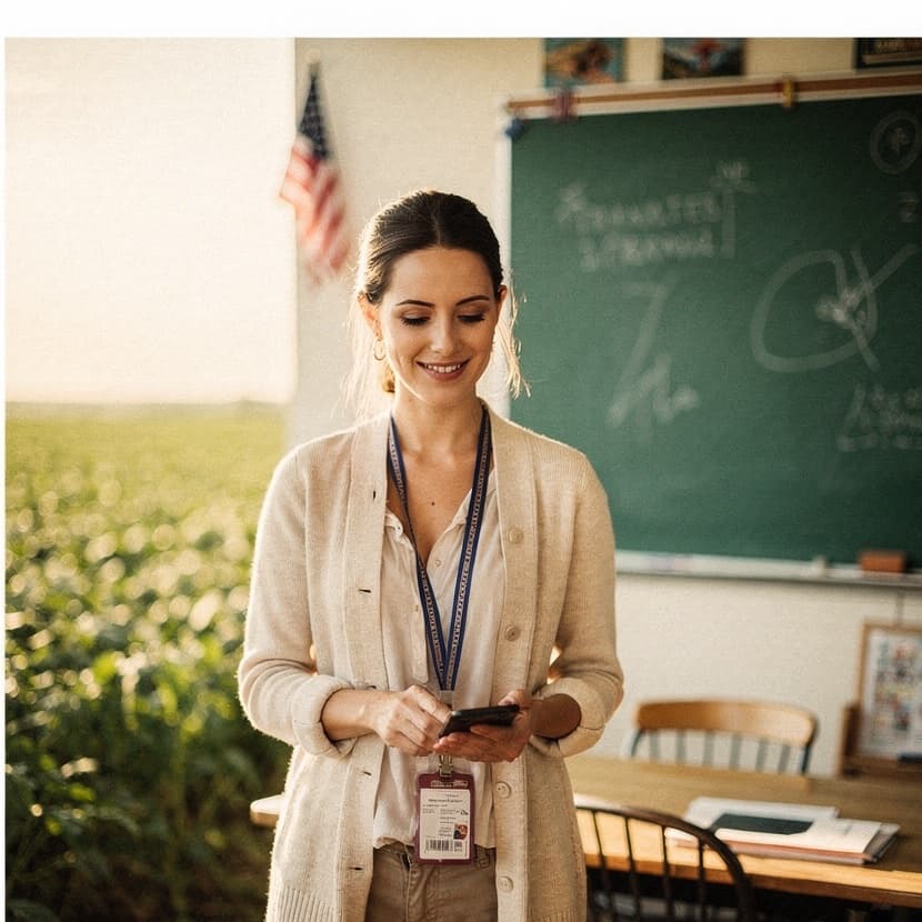 A teacher glancing at her phone in a classroom