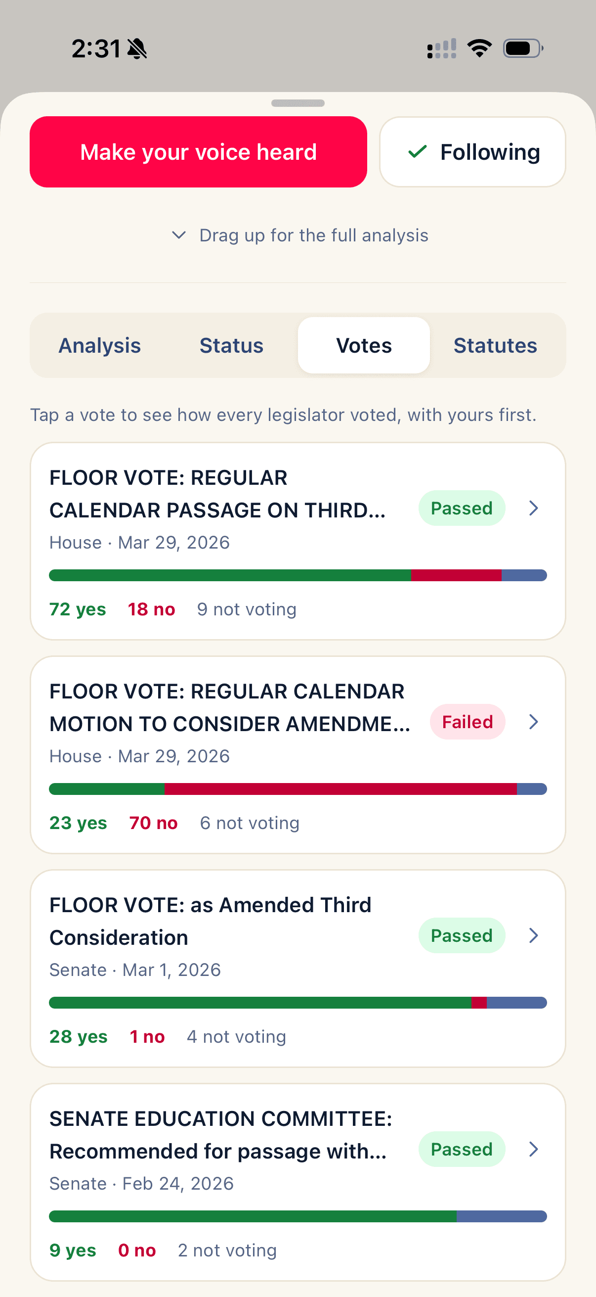 Roll-call votes on a bill